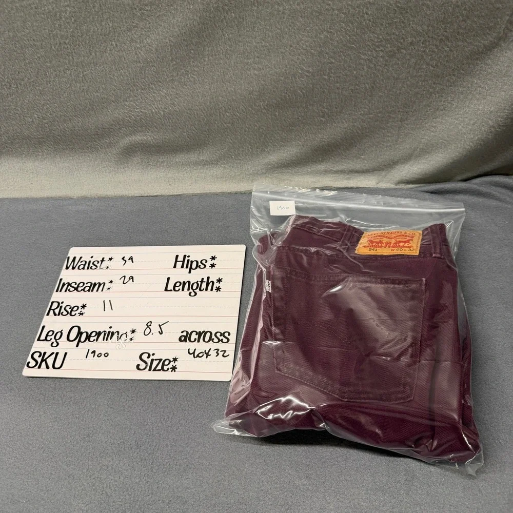 Levi's 541 Pants Mens 40x32‎ (39x29 ACTUAL) Athletic Taper Burgundy Denim HEMMED